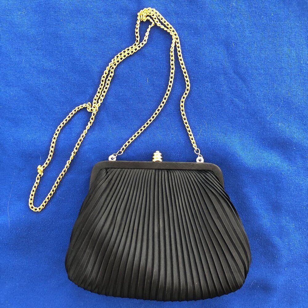 Vintage Black Evening Bag With Gold Tone Chain Pleated Crossbody